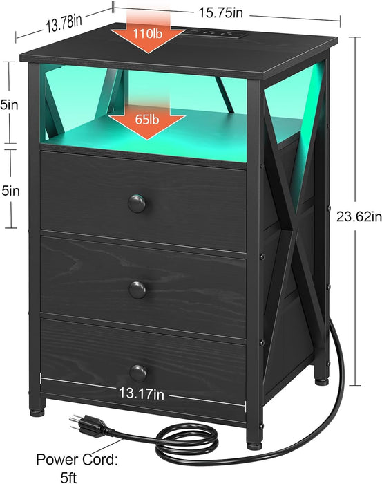 AMHANCIBLE Night Stand Set 2, LED Nightstand with Charging Station, End Side Tables with USB Port & Outlet, Bedside Table with Fabric Drawers for Bedroom Living Room, Black, HET053LBK