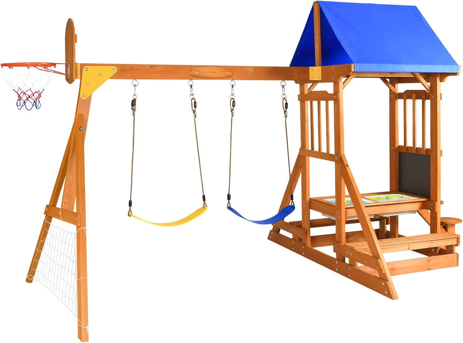 Wooden Swing Set/Playset Made for Small Yards and Kids Toddlers Age 3-6, 6-in-1 Playground Set with Picnic Table Drawing Board Sandboxes Basketball Hoop Soccer Net