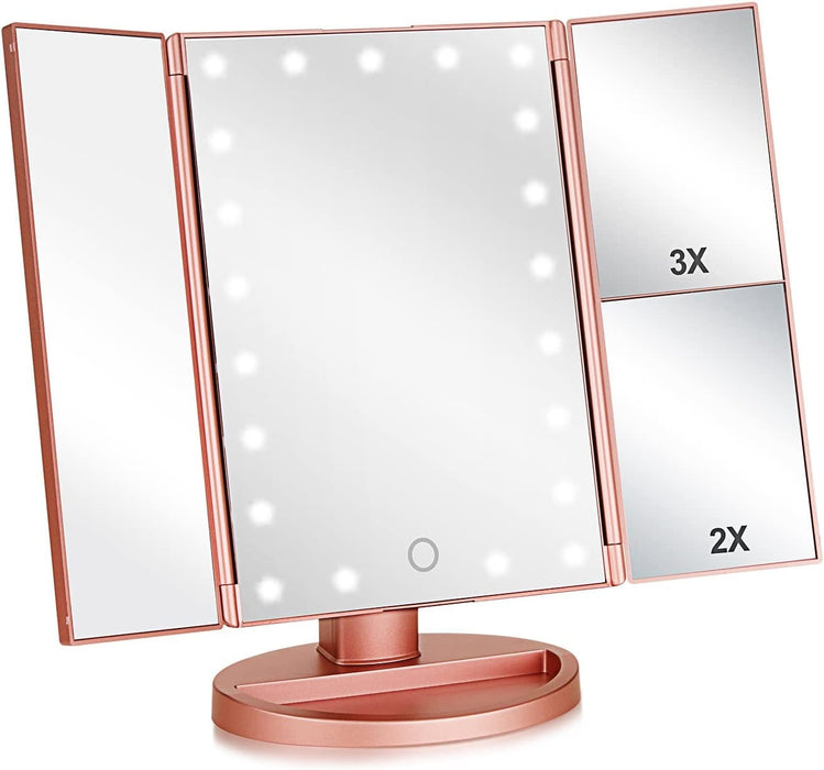 Flymiro Tri-fold Lighted Vanity Makeup Mirror with 3x/2x Magnification