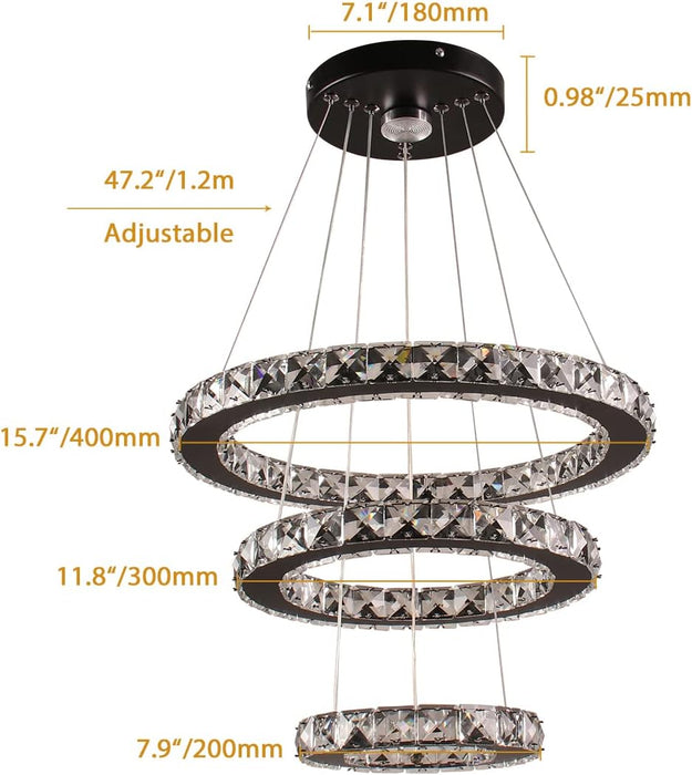 Modern LED Crystal Black Chandeliers 3 Rings Pendant Light Adjustable Height Ceiling Lamp for Dinning Room Bedroom Living Room (Cool White)