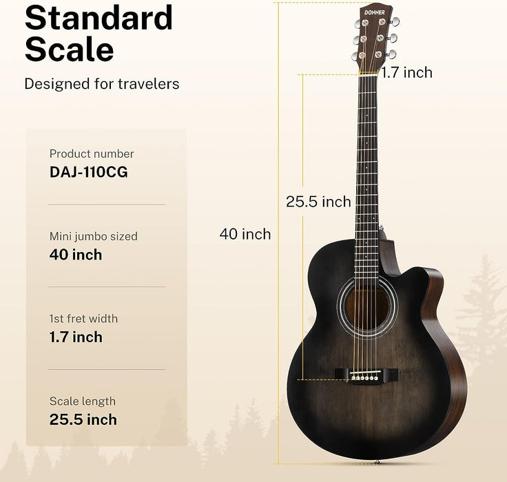 Donner Acoustic Guitar for Beginner Adult 40 Inch Cutaway Acustica Guitarra Bundle Kit with Pickup Online Lesson Bag Tuner Capo Strap Mini Jumbo Travel Teen Right Hand Black Brown DAJ-110CD