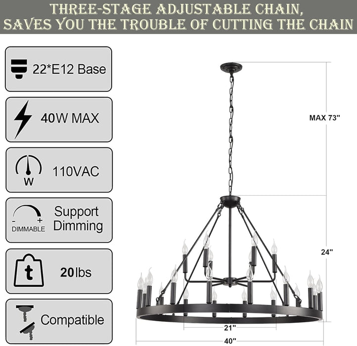 Wagon Wheel Chandelier for Dining Room 40inch-22light 2 Tier Large Farmhouse Pendant Light Fixtures, Round Modern Industry High Ceiling Chandelier (Black 2Tier 40inch 22-Lights A)