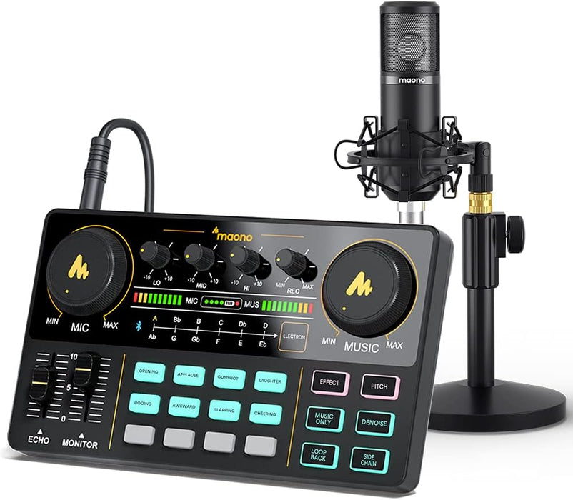 MAONO Podcast Equipment Bundle MaonoCaster Lite Audio Interface All-in-One Podcast Production Studio with 25mm Large Diaphragm Microphone for Live Streaming, Recording, PC, DJ (AU-AM200-S4 Black)