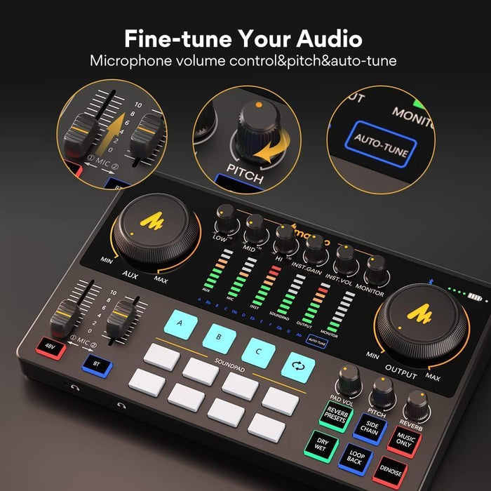 MAONO Audio Interface, MaonoCaster 10-Channel Podcast mixer with Pro-preamp, 48V Phantom Power, Bluetooth, 11 Customize sound pads for Recording, Streaming, Youtube, TikTok, PC, Guitar (AME2)