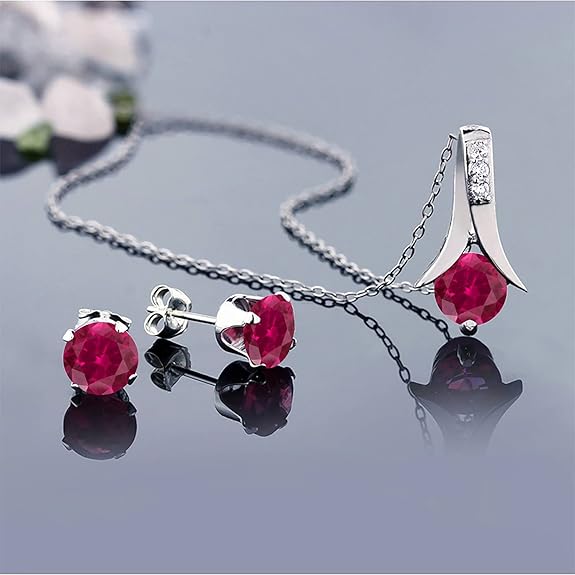 Gem Stone King 925 Sterling Silver Created Ruby Pendant and Earrings Jewelry Set For Women (2.40 Cttw, Round Cut With 18 Inch Silver Chain)