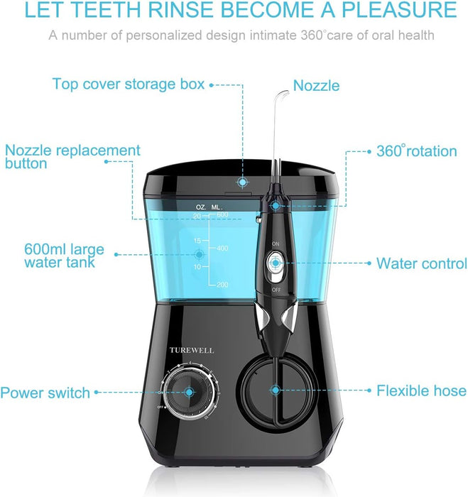 TUREWELL Water Flossing Oral Irrigator, 600ML Dental Water Teeth Cleaner 10 Adjustable Pressure, Electric Oral Flosser for Teeth/Braces, 8 Water Jet Tips for Family (Black)