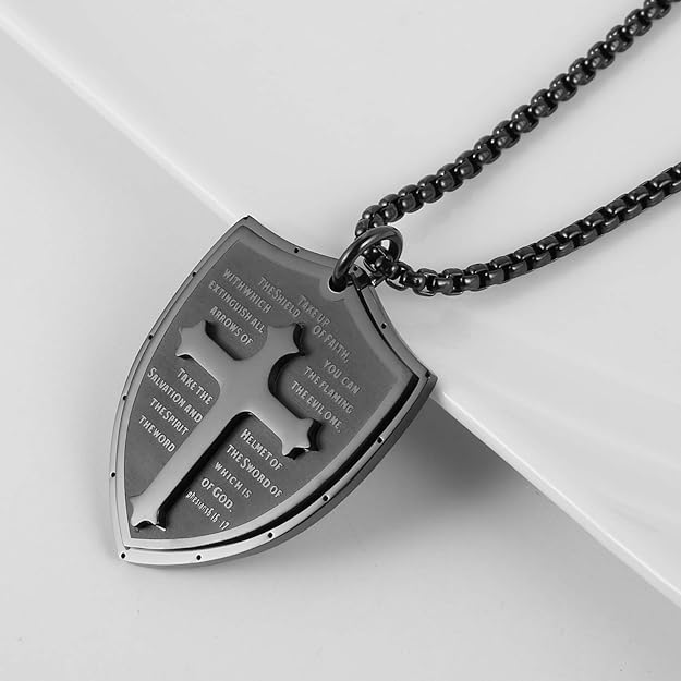 HZMAN Shield Armor of God Ephesians 6:16-17, Faith Cross Stainless Steel Pendant Necklace