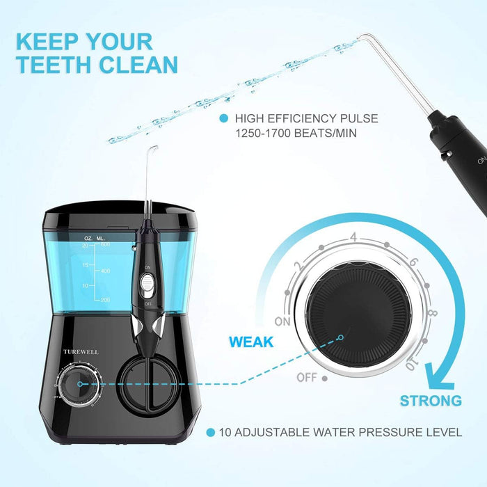 TUREWELL Water Flossing Oral Irrigator, 600ML Dental Water Teeth Cleaner 10 Adjustable Pressure, Electric Oral Flosser for Teeth/Braces, 8 Water Jet Tips for Family (Black)