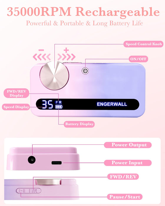 ENGERWALL Rechargeable Nail Drill 35000 RPM, Portable Cordless Electric Nail File Machine for Acrylic Nails Gel Polishing, Removing, with Dail Drill Bits Kit for Manicure Pedicure, Pink-Blue