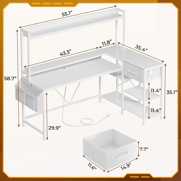 SEDETA White L Shaped Desk with Hutch, 55" Corner Desk with Storage Shelves and Fabric Drawer, L Shaped Gaming Desk with LED Lights, Power Strip, Monitor Stand for Home Office