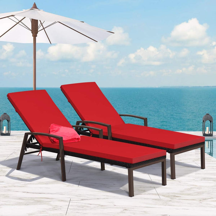 Tangkula 2 PCS Patio Rattan Chaise Lounge Chair, Outdoor Reclining Chaise with Cushion and Armrest, Wicker Sun Lounger with Adjustable Backrest for Garden, Balcony, Poolside