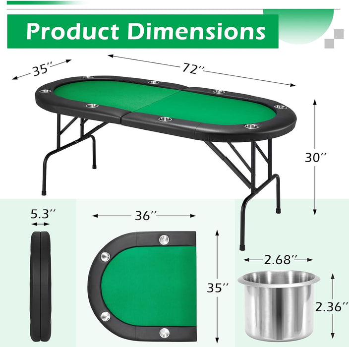 ECOTOUGE Poker Table Foldable, 8 Players Gaming Table w/Stainless Cup Holder & Portable Storage Bag, Folding Oval Blackjack Table for Texas Casino Leisure Game, No Assembly Required, Green