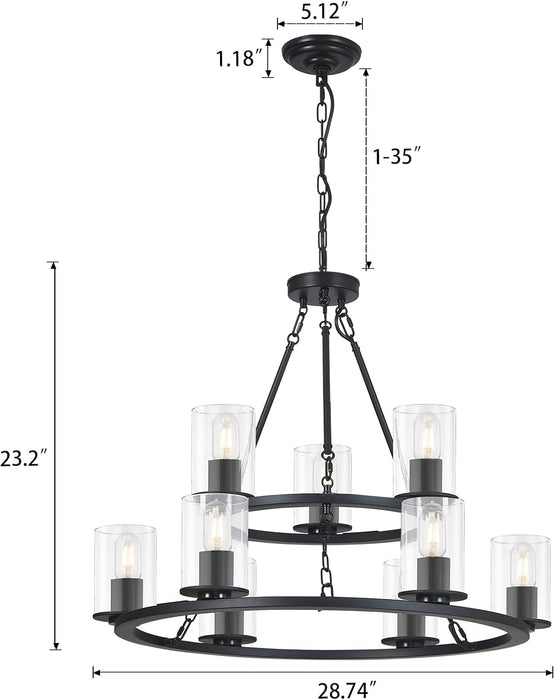 Wagon Wheel Chandelier, 9-Light Modern Round Dining Room Light Fixture, Farmhouse Black, 28.74in x 23.2in, for Bedroom Living Room Foyer Hallway Kitchen Indoor