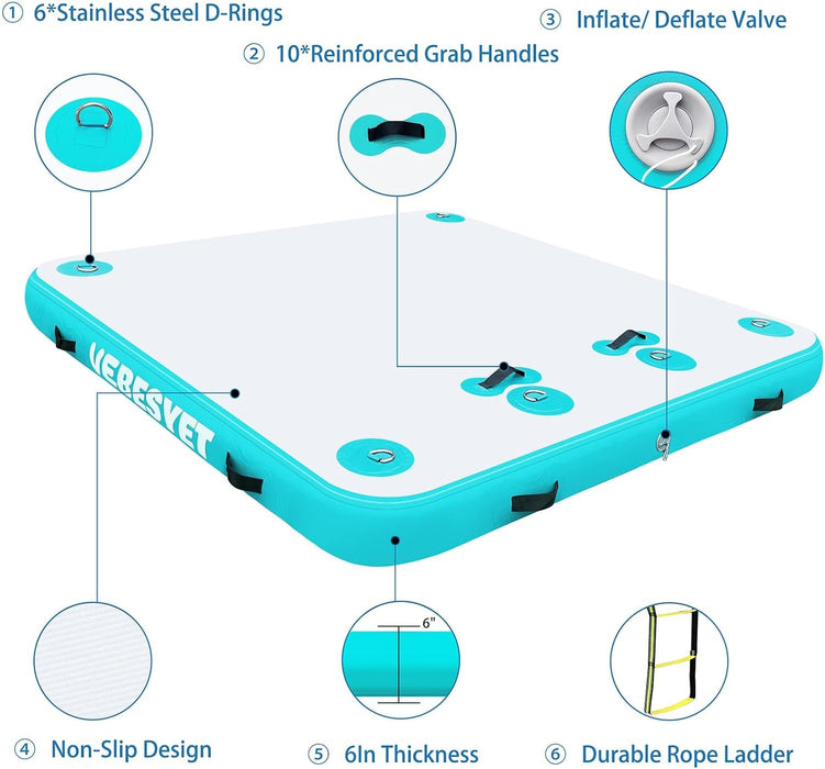 Inflatable Floating Dock Platform with Electric Pump, 6 Inch/8 Inch Thick Multi-Person Floating Island Raft for Beach Lake Boating Ocean