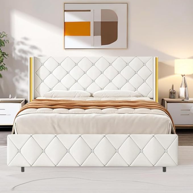 HOMBCK Full Size Bed Frame with Headboard, White Upholstered Bed Frame Full with Wingback Diamond Headboard & Footboard, Shiny Gold Trim, White Full Size Bed Frame for Girls, Easy Assembly