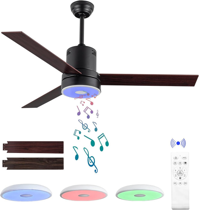 52 Inch Ceiling Fan with RGB Dimming LED Light,with Music Bluetooth Speaker,with Remote Control,3-Speed Regulation, Reversible Motor,Timing,for Living room,Bedroom,Restaurant,Outdoor…