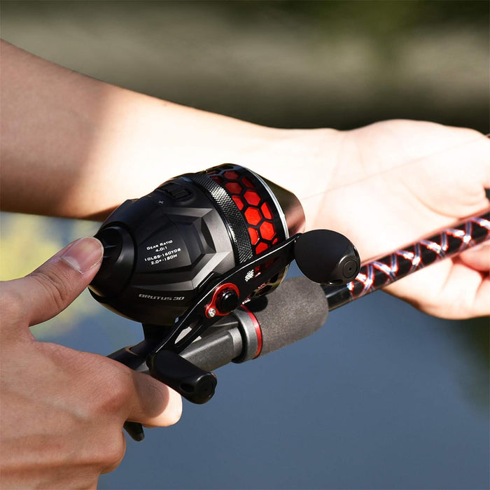 KastKing Brutus Spincast Fishing Reel,Easy to Use Push Button Casting Design,High Speed 4.0:1 Gear Ratio,5 MaxiDur Ball Bearings, Reversible Handle for Left/Right Retrieve, Includes Monofilament Line.