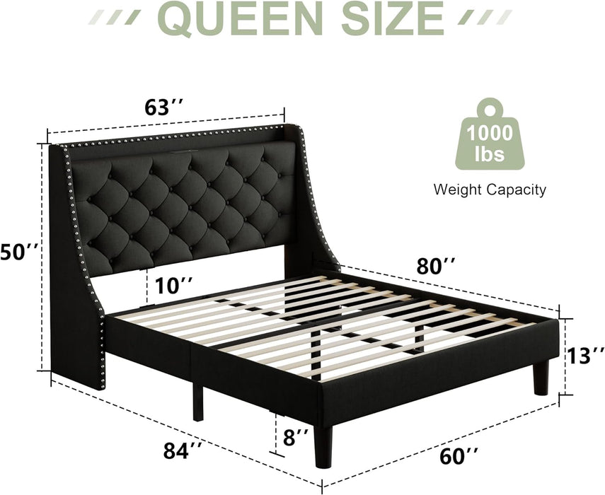 Feonase Queen Bed Frame with Luxury Wingback Upholstered Button Tufted Storage Headboard, Queen Platform Bed with Charging Station, Sturdy Wooden Slats Support, Noise-Free, Easy Assembly, Matte Black