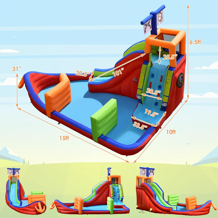 BOUNTECH Inflatable Water Slide, Pirate Ship Waterslide Park for Kids Backyard Fun w/735W Blower, Dart Game, Splash Pool, Blow up Water Slides Inflatables for Kids and Adults Birthday Party Gifts