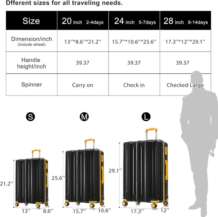 Merax Hardside Luggage Sets 3 Pieces, Expandable Luggages Spinner Suitcase with TSA Lock Lightweight Carry on Luggage 20inch 24inch 28inch,Black