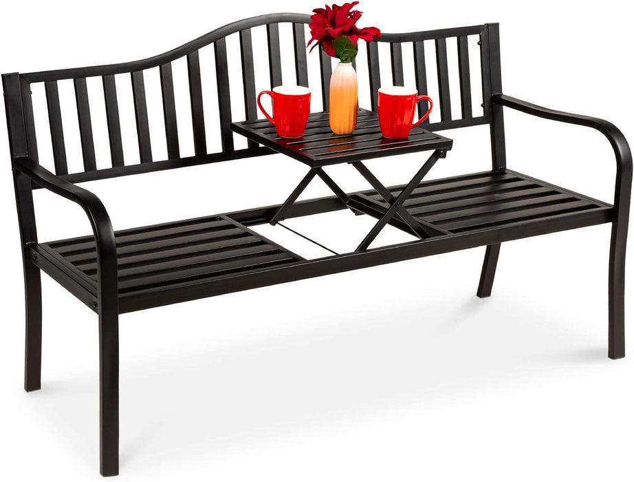 Best Choice Products Outdoor Garden Bench with Pullout Middle Table, Double Seat Steel Metal for Patio, Porch, Backyard