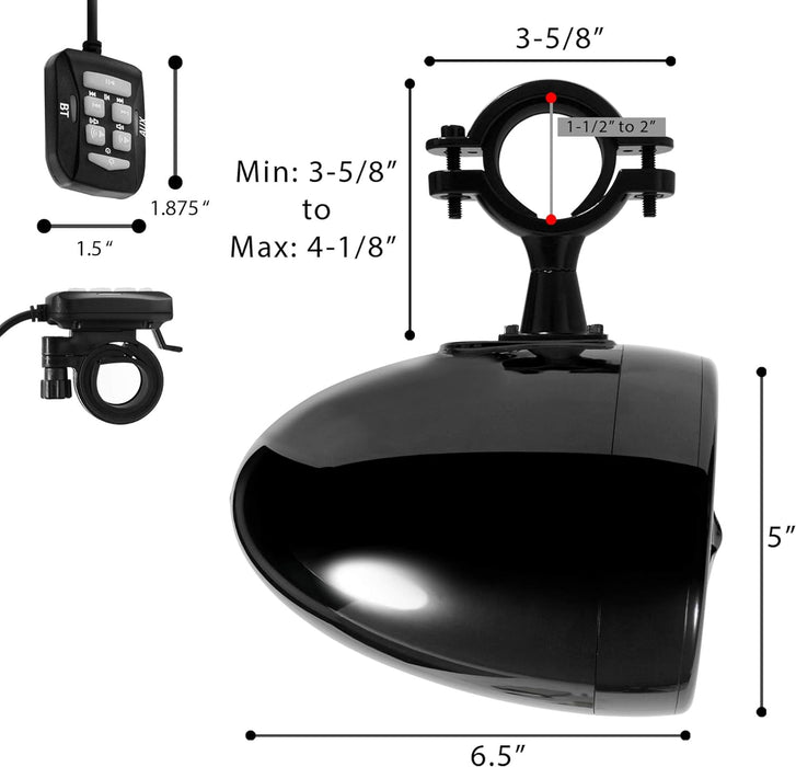 GoHawk AS5-X All-in-One 600W Built-in Amplifier 5 in. Full Range Waterproof Bluetooth ATV RZR UTV Stereo Speakers Audio Amp System AUX USB, 1.5 to 2" Rollcage Bar Polaris 4 Wheeler Can-Am