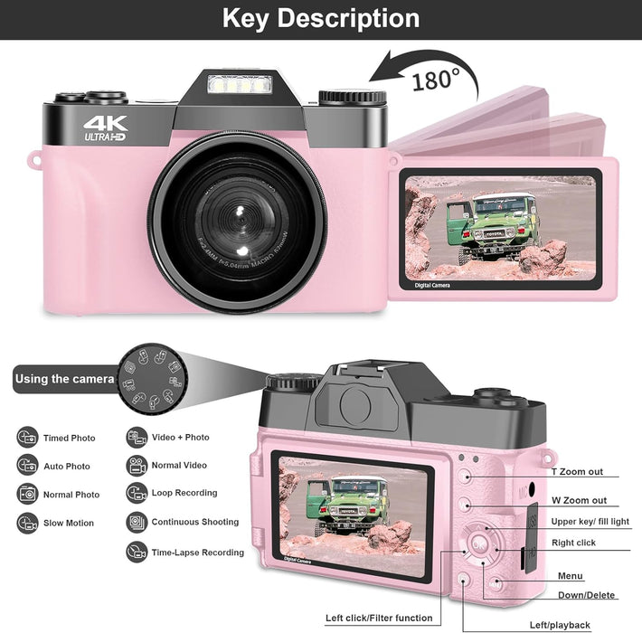 VETEK Digital Cameras for Photography, 4K 48MP Vlogging Camera 16X Digital Zoom Manual Focus Students Compact Camera with 52mm Wide-Angle Lens & Macro Lens, 32G Micro Card and 2 Batteries (Pink)