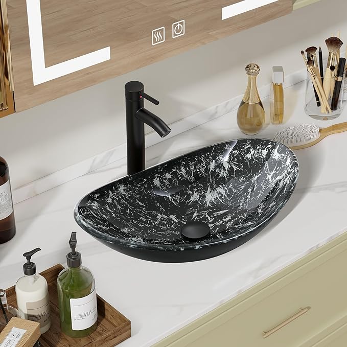 Boat Shape Bathroom Artistic Tempered Glass Vessel Sink with Chrome Faucet Chrome Pop-up Drain, Black