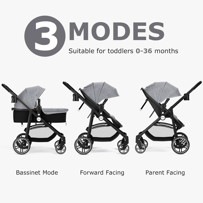 INFANS 2 in 1 Baby Stroller, High Landscape Infant Stroller & Reversible Bassinet Pram, Foldable Pushchair with Adjustable Canopy, Cup Holder, Storage Basket, Suspension Wheels (Grey)