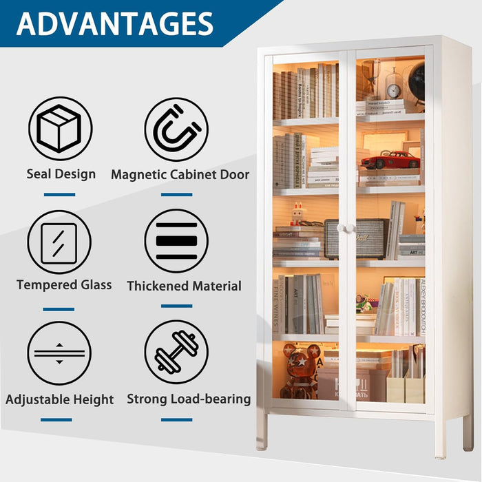 70" Tall Curio Display Cabinet Bookcase, Metal Storage Cabinet with 2 Doors & 4 Adjustable Shelves, Modern Floor Utility Locker Cabinet for Office, Living Room, Utility Room