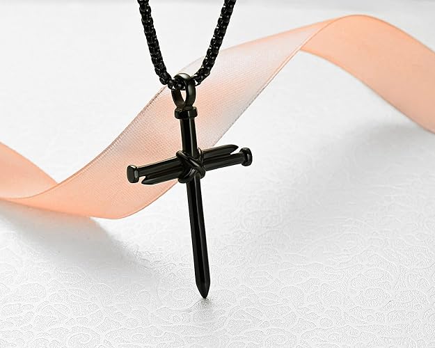 Rehoboth Men's Stainless Steel Nail Cross Pendant Necklace With 24 Inch Chain Polished Black Gold Silver