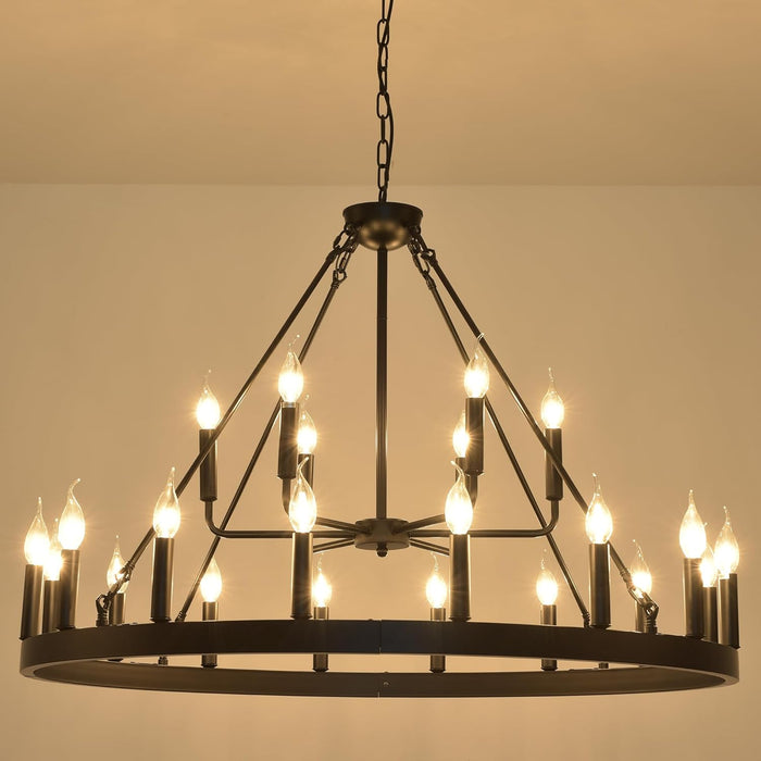 Wagon Wheel Chandelier for Dining Room 40inch-22light 2 Tier Large Farmhouse Pendant Light Fixtures, Round Modern Industry High Ceiling Chandelier (Black 2Tier 40inch 22-Lights A)