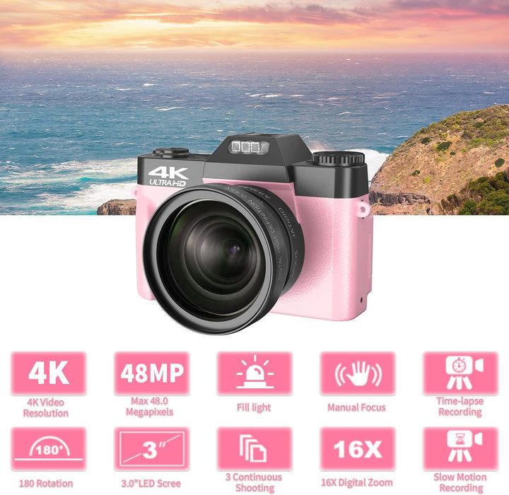 VETEK Digital Cameras for Photography, 4K 48MP Vlogging Camera 16X Digital Zoom Manual Focus Students Compact Camera with 52mm Wide-Angle Lens & Macro Lens, 32G Micro Card and 2 Batteries (Pink)