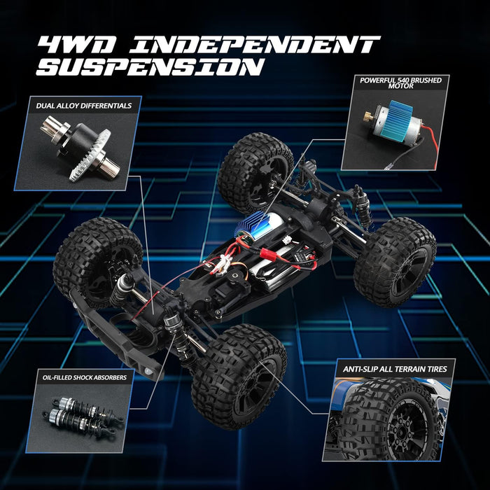 Holyton 1:10 Large High Speed Remote Control Car with LED Shell Lights, 48+ KM/H, 4WD Offroad Monster Truck for Adults & Kids, Hobby RC Truck Vehicle, 2 Battery Crawler Toy Gift for Boy