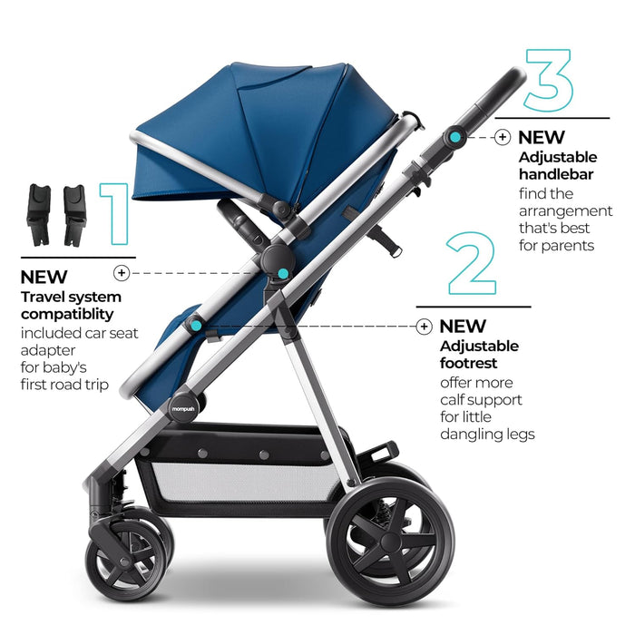 Mompush Meteor 2 Baby Stroller 2-in-1 with Bassinet Mode - Compatible with Infant Car Seat, Adapter Included - Stable Bassinet Stroller Combo, Full-Size Baby Strollers for Family Outings