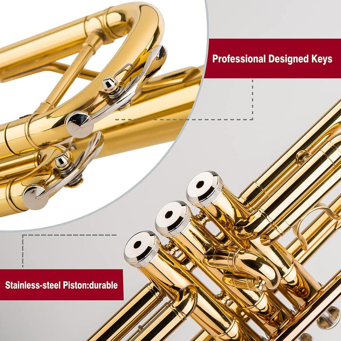 Glory Bb Trumpet - Trumpets for Beginner or Advanced Student with Case, pair of gloves-Gold