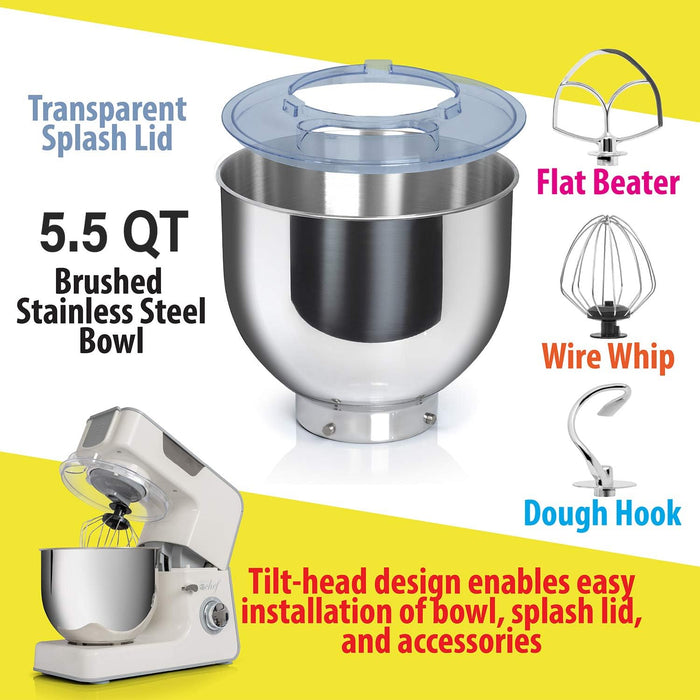 Deco Chef 5.5 QT Kitchen Stand Mixer, 550W 8-Speed Motor with Pulse Functionality, includes Dough Hook, Flat Beater, Wire Whip, Stainless Steel Mixing Bowl, and Transparent Splash Guard