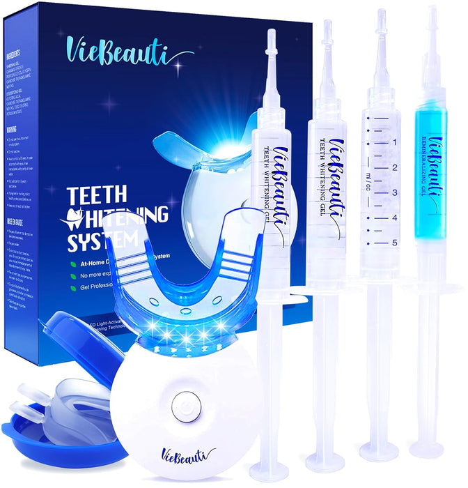 VieBeauti Teeth Whitening Kit - 5X LED Light Tooth Whitener with 35% Carbamide Peroxide, Mouth Trays, Remineralizing Gel and Tray Case - Built-in 10 Minute Timer Restores Your White Smile