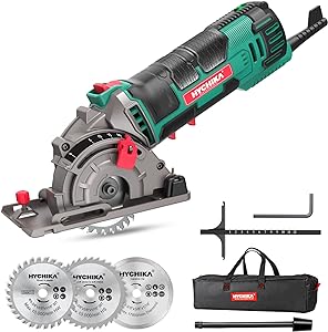 Mini Circular Saw, HYCHIKA Compact Circular Saw Tile Saw with 3 Saw Blades 4A Pure Copper Motor, Scale Ruler, 3-3/8”4500RPM Ideal for Wood, Soft Metal, Tile and Plastic Cuts