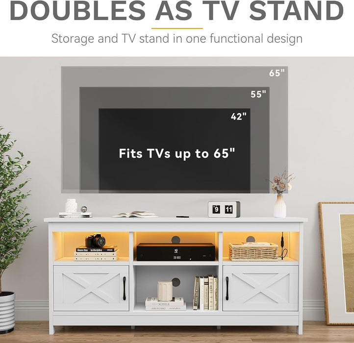 DWVO Farmhouse TV Stand for TVs Up to 65 Inch,, Modern Entertainment Centre with Power Outlet, TV Shelf with Storage Cabinet, Television Stands for Living Room, Media Console, 59" White