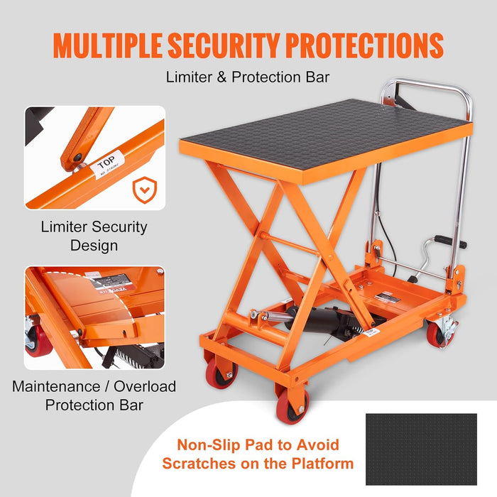 VEVOR TF15 Hydraulic Lift Table Cart, 330lbs Capacity 28.5" with 4 Wheels and Non-Slip Pad, for Material Handling and Transportation, Orange