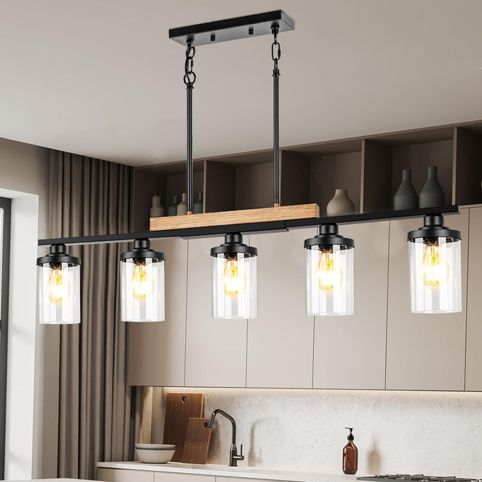 5-Light Kitchen Island Lighting, Farmhouse Dining Room Chandelier over Table, Modern Pendant Light Fixture with Adjustable Height, Large Black Ceiling Light for Dining Table Sloped Ceiling Compatible