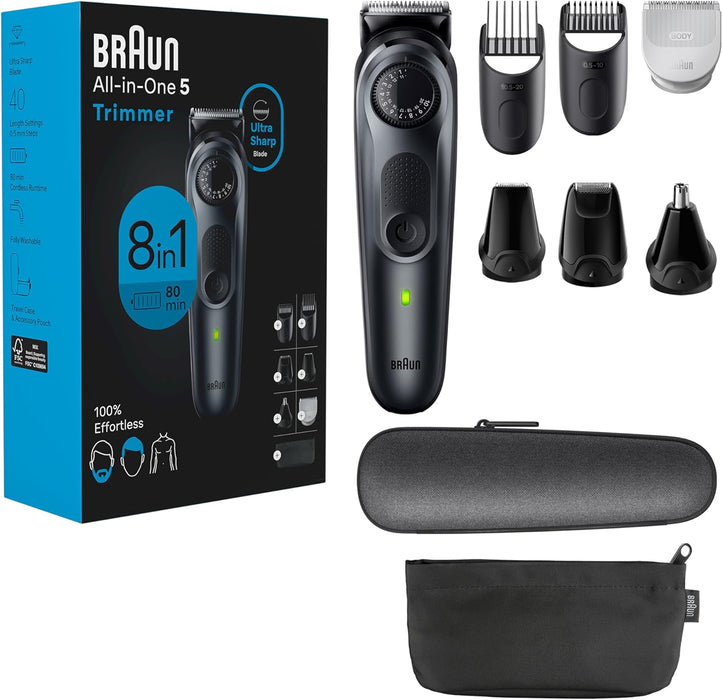 Braun All-in-One Style Kit Series 5 5470, 8-in-1 Trimmer for Men with Beard Trimmer, Body Trimmer for Manscaping, Hair Clippers & More, Ultra-Sharp Blade, 40 Length Settings, Waterproof