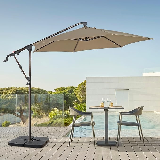 COBANA 10ft Offset Patio Umbrella with Base Included, Hanging Outdoor Umbrella with Water Sand Filled Umbrella Stand Weights