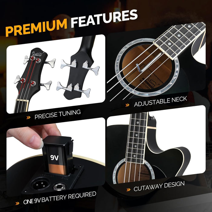 GLARRY Full Size Acoustic Electric Bass Guitar Beginner Kit, Cutaway 4 Strings Electric Acoustic Bass Guitar w/Inbuilt Tuner, Bag, Strap, Picks, Strings, Basswood Bass Guitarra, Matte Black