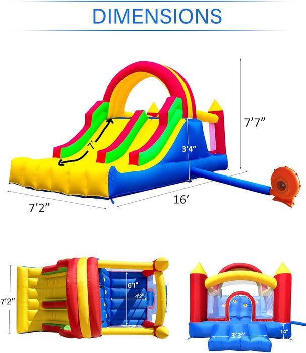 HuaKastro 16x7.2FT Inflatable Bounce House with 2 Racing Slides & Large Climbing Wall, 3 in 1 Kids Inflatable Trampoline Rainbow Jumping Castle Kids Backyard Playgrounds - with Air Blower