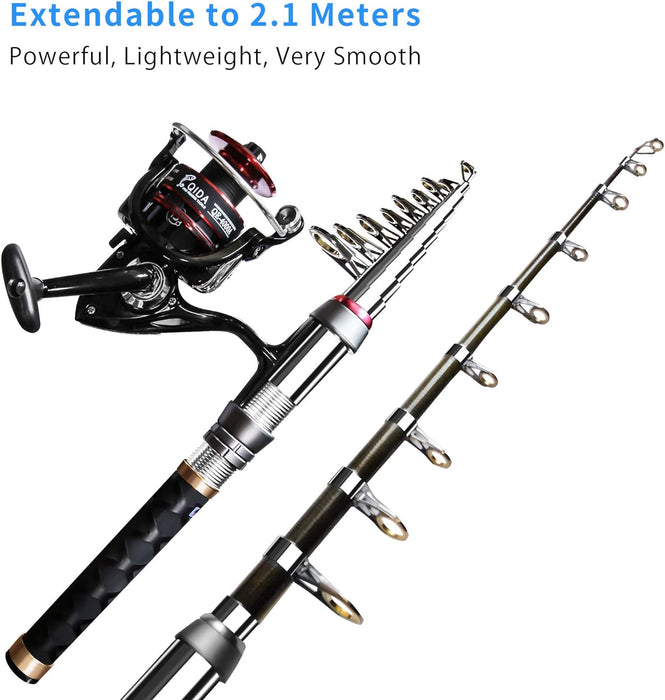 Ehowdin Fishing Pole Kit, Carbon Fiber Telescopic Fishing Rod and Reel Combo with Spinning Reel, Line, Bionic Bait, Hooks and Carrier Bag, Fishing Gear Set