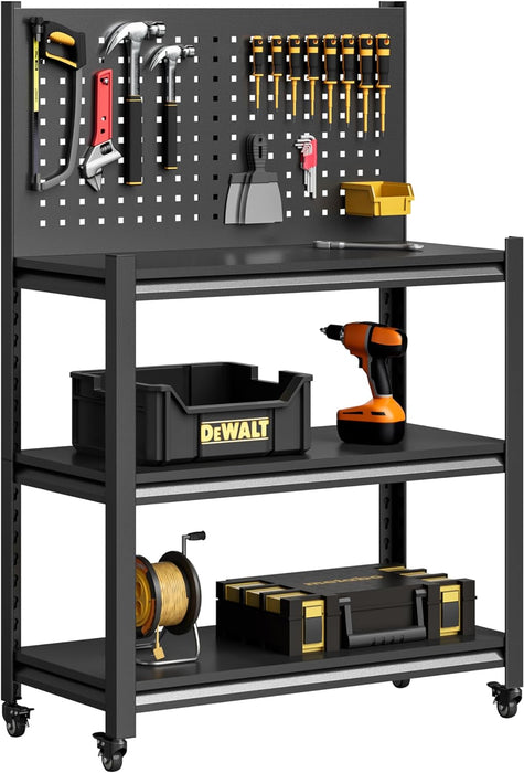 Workbench with Pegboard, 48" H Heavy Duty Steel Tool Workbench with Wheels, Metal Tool Work Bench for Garage Warehouse Workshop