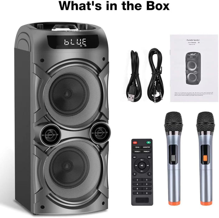 Karaoke Machine with 2 Wireless Microphones, Portable PA System Big Bluetooth Speaker with LED Lights, Remote Control Support Bass/Treble Adjustment, TF Card/USB, REC for Adult Kids Home Party