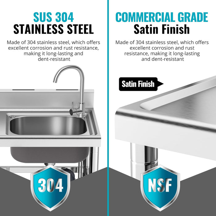 304 Stainless Steel Sink for Kitchen, Free Standing Single Bowl Utility Sink Set with faucet & Drainboard, Outdoor Sink with Hot & Cold Hoses for Garden Garage Commercial Restaurant 39in